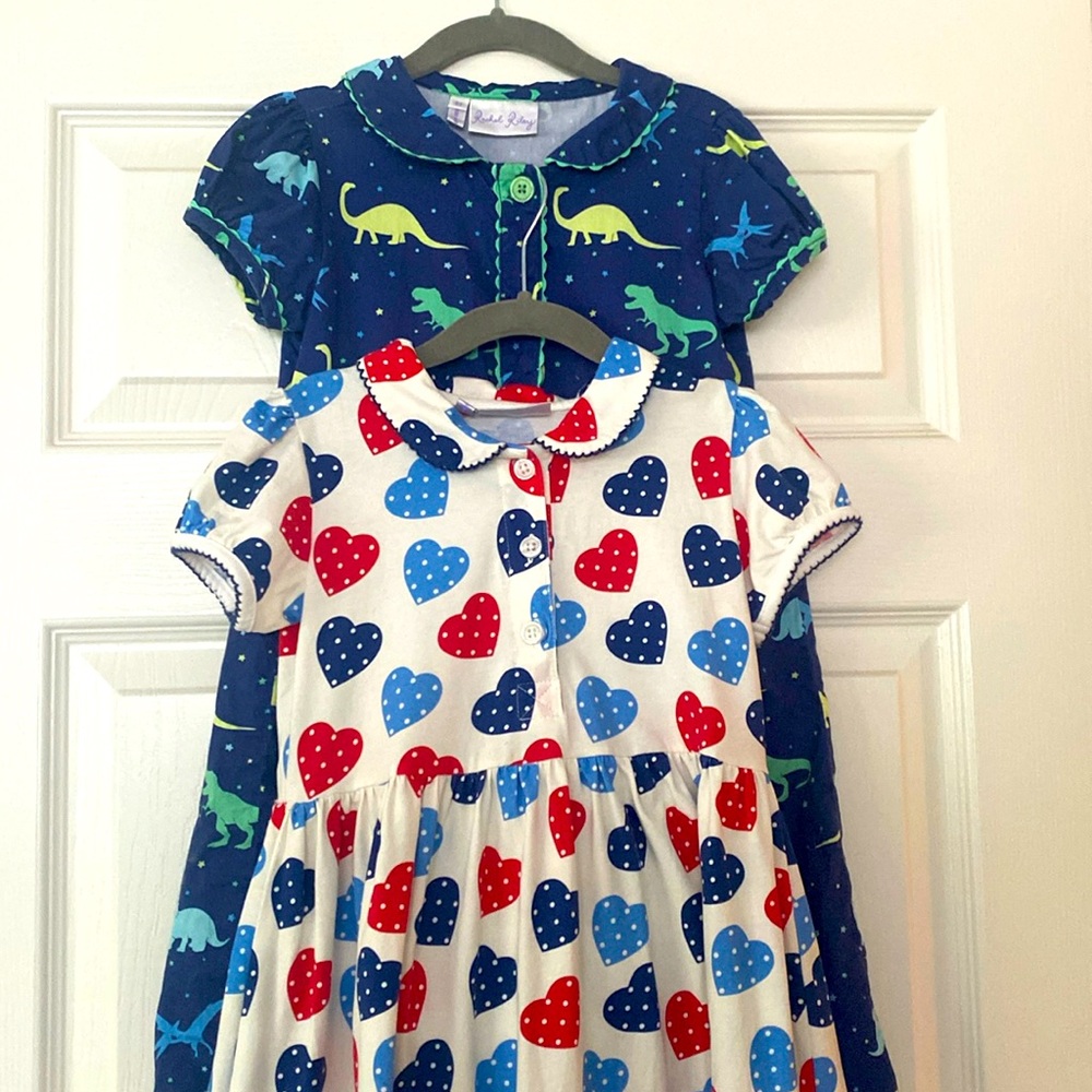 Bundle of Rachel Riley Girls Dresses size 5 dinosaur dress and Heart 6 years